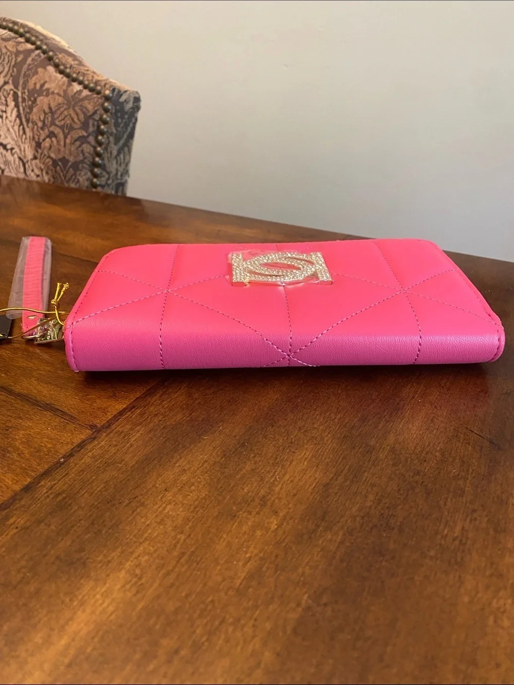 bebe Zara Hot Pink Quilted Zip-Around Wallet Wristlet with Rhinestone Logo 🆕